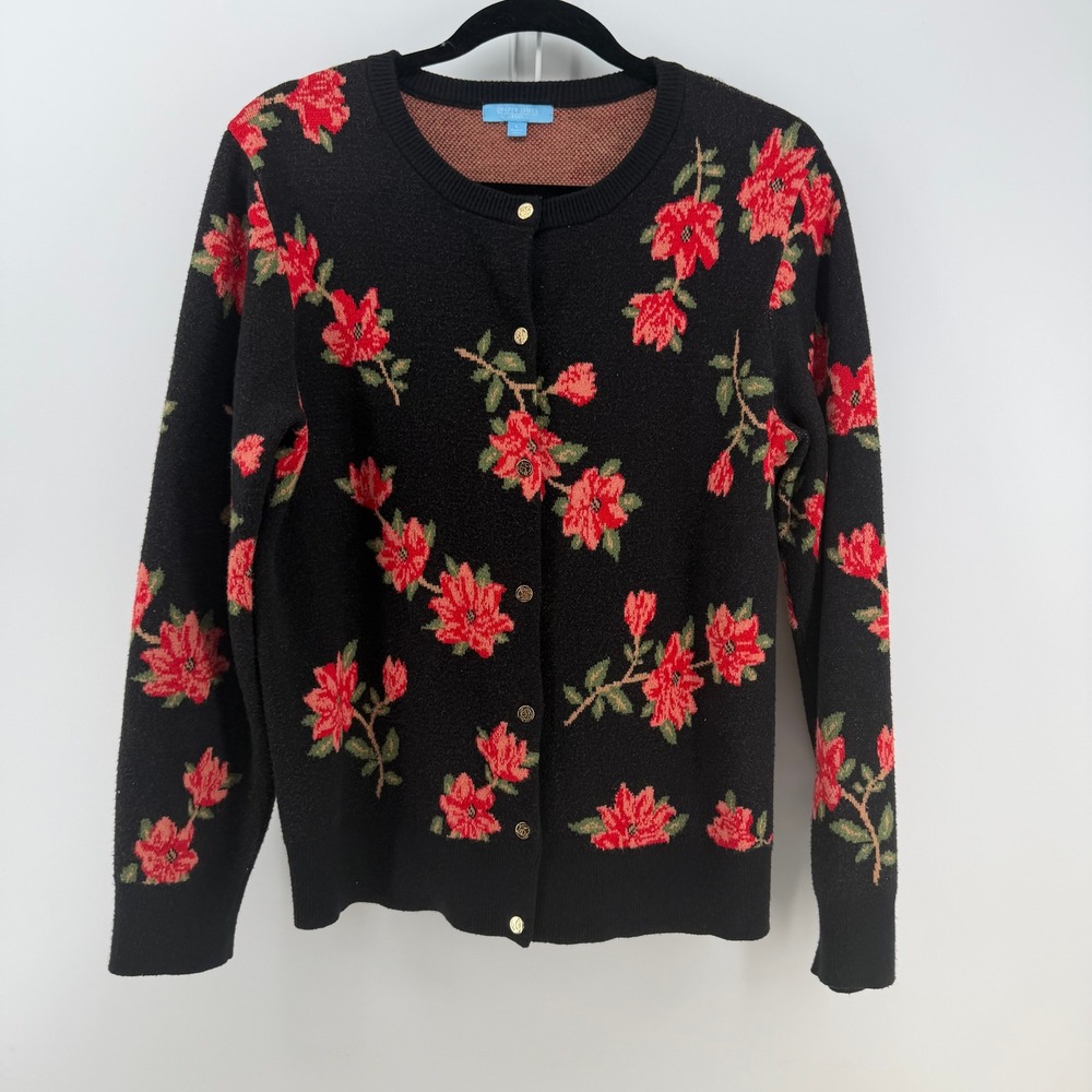 Draper James RSVP Cardigan Women Large Black Red Floral Poinsettia Preppy Garden